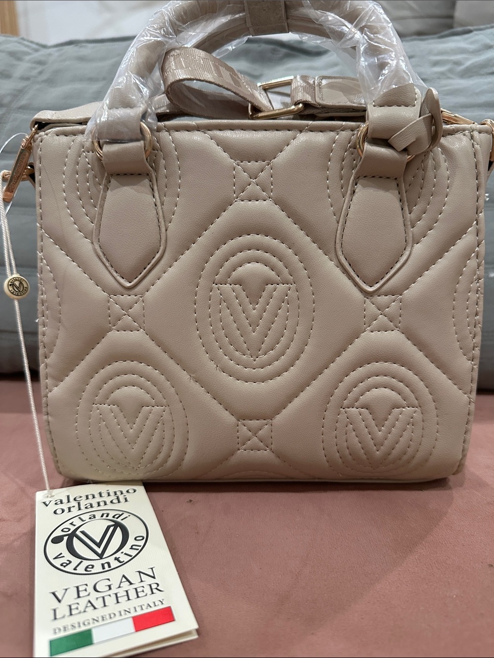 Valentino Orlandi Light Taupe Quilted Vegan Leather Satchel with Gold Hardware
